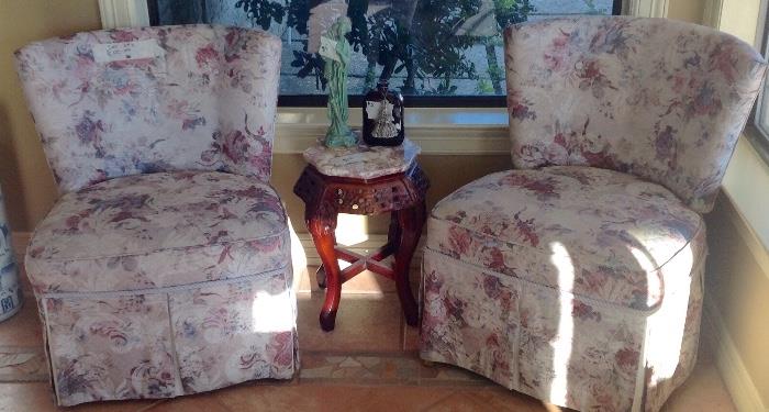 Pair of slipper chairs, Rosewood and marble occasional table