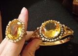 14k citrine, diamonds and pearl bangle bracelet and ring set