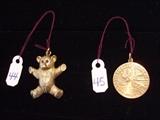 14k vintage Tiffany & Co. charm/pendants - Teddy bear w/ ruby eyes 1 1/4" long, St. Christopher 3/4" dia