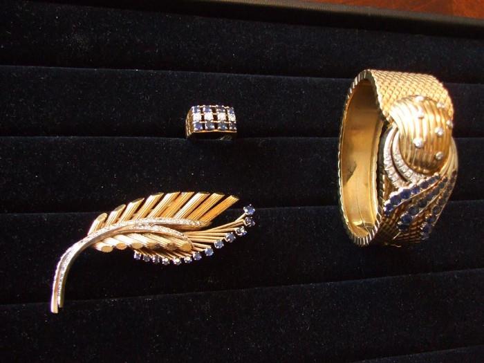 Gubelin ring, brooch, and watch bracelet set