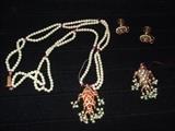 14k Kundan style vintage pearl necklace , fish pendants, and earrings with cabochon diamonds, rubies and enamel - India