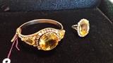 14k large Citrine, diamonds, pearl bracelet and ring set - Bracelet approx. 7" / ring 6 1/2