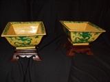 pair of old chinese planters on wood stand - 8" square