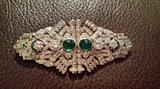 Platinum brooch / double clip brooch w/ diamonds & emeralds