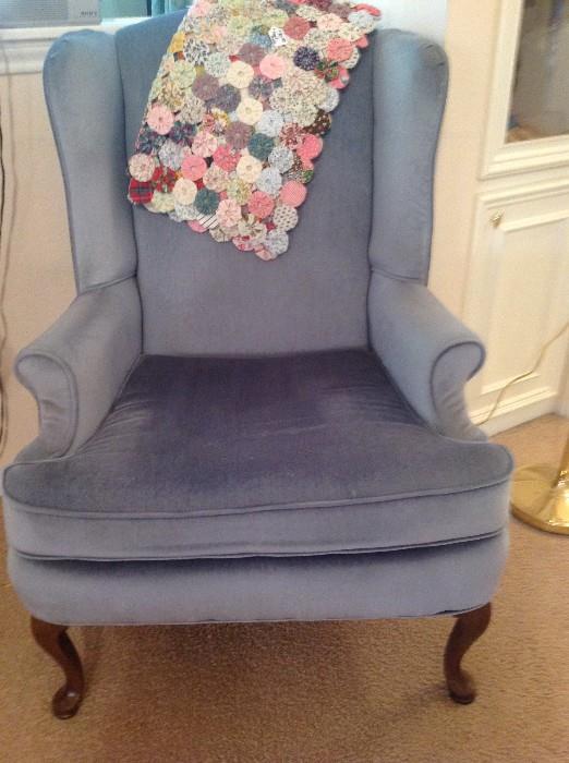 Beautiful blue Queen Ann style wingback chair