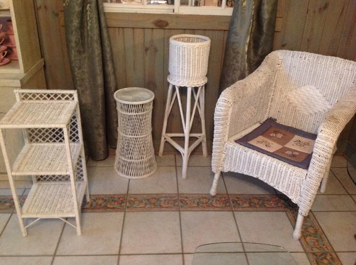 Wicker chair, shelf, plant stand, and basket
