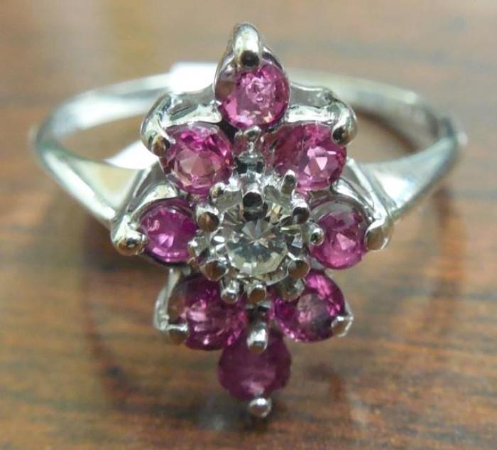 14kt White Gold Diamond And Red Stone Flower Ring