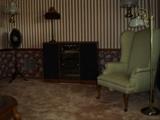 Wing Back Chair, Floor Lamp, Stereo Cabinet