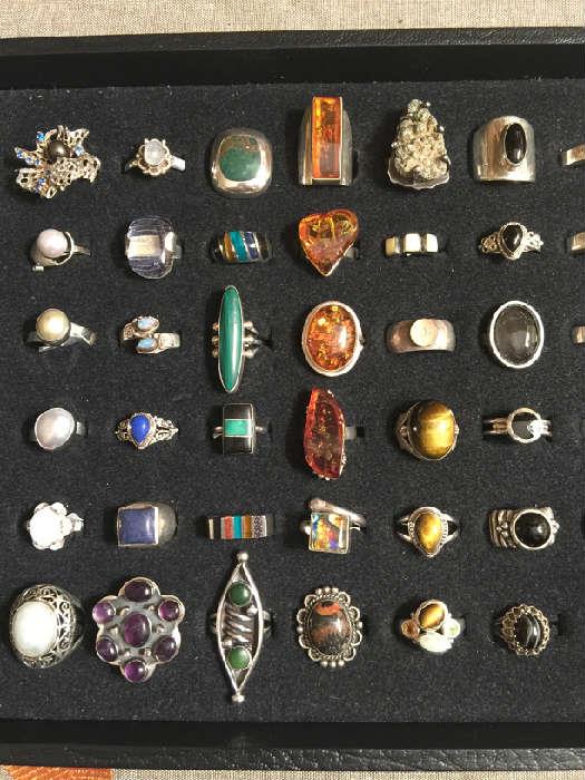 Sterling silver rings with semi-precious stones including opal, lapis, amethyst, malachite, amber, tiger's eye, onyx - 50% off