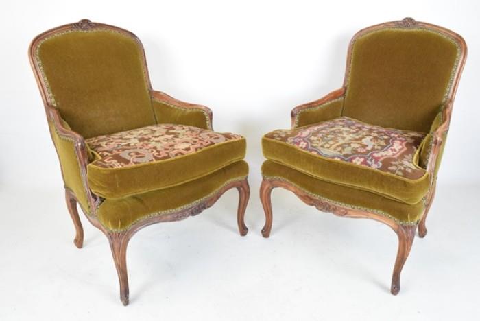 Pair French Walnut Needlepoint Chairs
