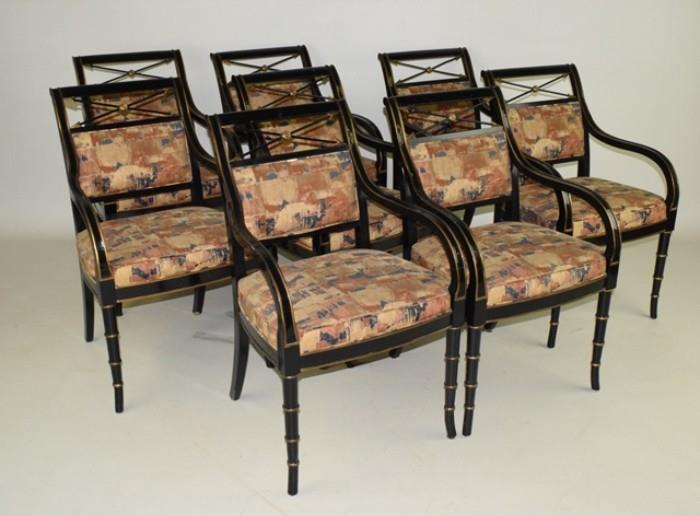 Eight Black Neoclassical Style Arm Chairs
