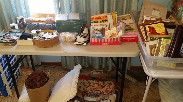 Vintage buttons, miscellaneous sewing bits, iron, cards, pillows