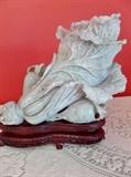 Carved jadeite cabbage with wooden stand