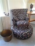 Wingback chair with ottoman and footstool.  Also shown is a large brass bucket