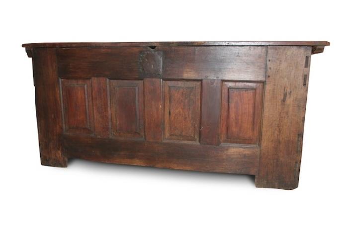 French Paneled Chest c. 1700.  Heavy, massive and primitive piece with the patina of 300 years.