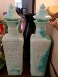 vintage green milk-glass decanters