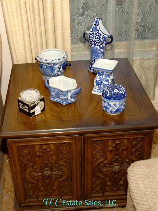 Blue & White accessory pieces and one end table that goes with another end table and a coffee table.