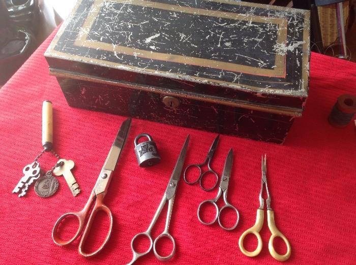 Vintage lock box and snippet scissors