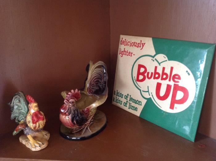 Metal bubble up sign and French roosters