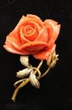 Lot #1180 Coral, diamond and 14k yellow gold floral brooch