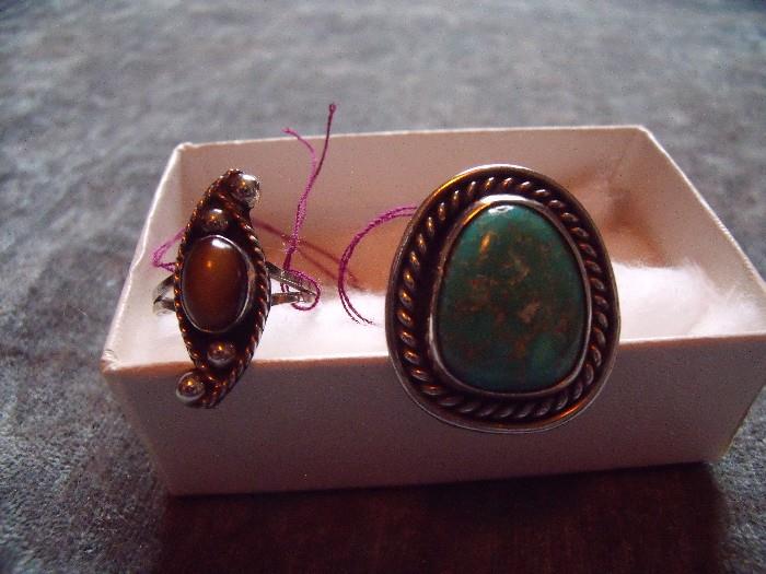 Sterling silver and tiger eye and Sterling silver and turquoise rings