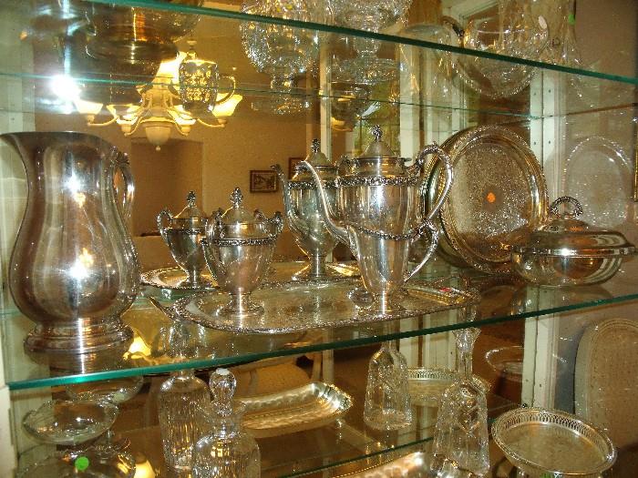 Silver plate coffee set, trays and pitcher