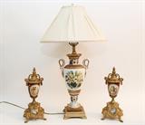 Handpainted Porcelain English Lamp & Pair of French footed urns (Brass & Porcelain)

