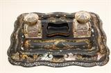 Paper Mache Inkwell Set with Mother of Pearl Overlay, 19th Century