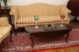 Queen Anne Upholstered Camel Back Sofa & Coffee Table