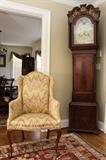 Queen Anne Style Upholstered High Back Armchair,
Late 18th Century Mahogany Long Case Clock, Liverpool
