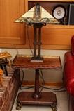 Elegant Pedestal Lamp Table with Brass Rails & Arts/Crafts Lamp