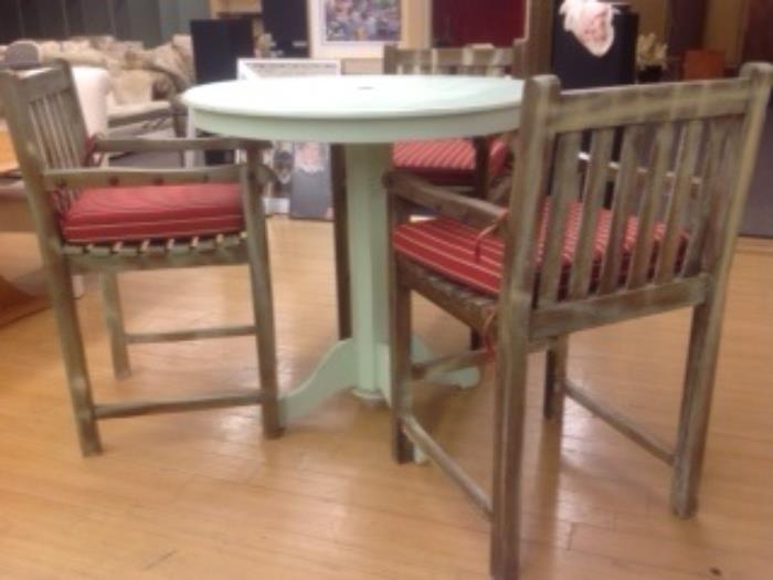 Outdoor round pedestal table and 3 chairs with cushions - $275 set