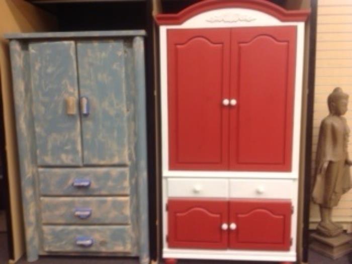 Large cabinets - Blue painted is 6 ft h x 40" w - Red and white is 80"h x 41"w - $80 each 