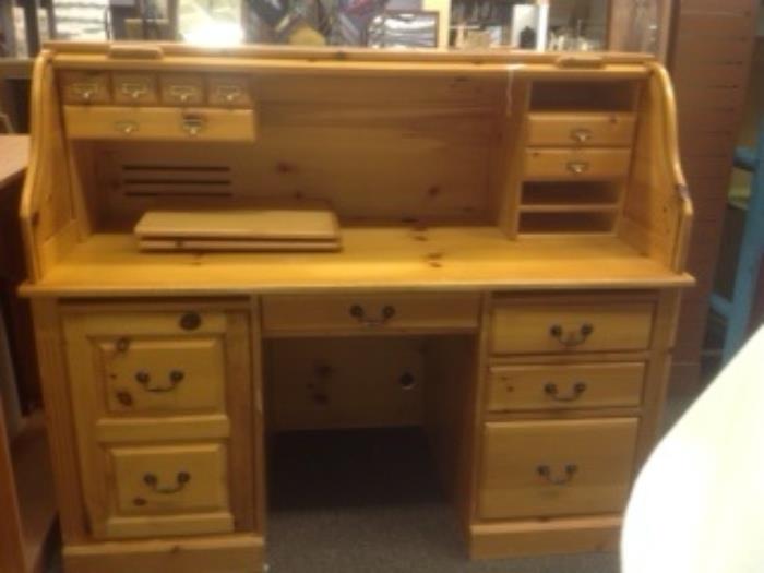 Pine roll top desk -5ft wide by 29.5"deep x 49"high - $100