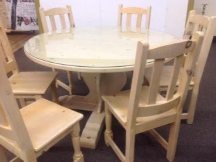 Light wood round dining table with glass top and 6 chairs-$225
