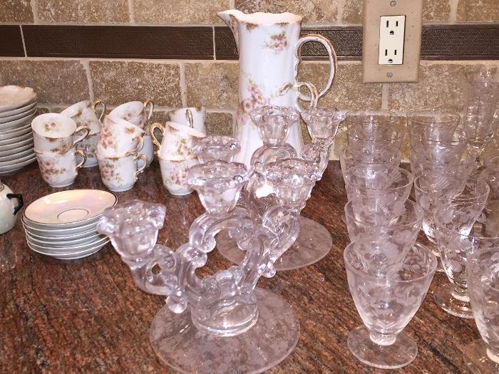 Fosteria candlesticks, wine glasses, etc and Limoges Hot chocolate set for 12