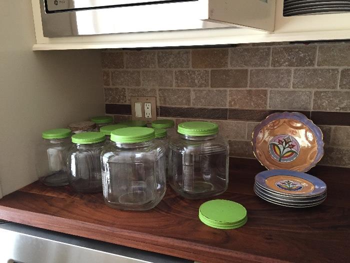 vintage storage jars with green lids, art deco bowl and plates Noritake