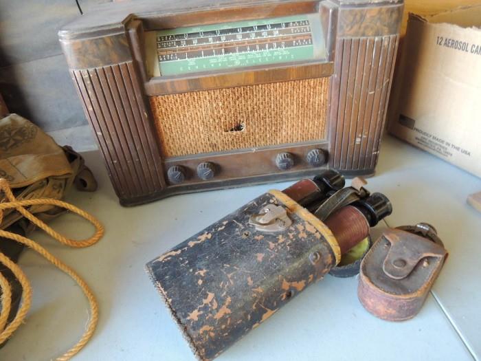 Vintage GE Shortwave Radio, Old Binoculars,  Vintage Compass 