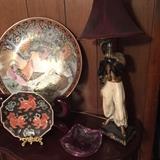 Blackamoor lamp, Chinese pottery, Alexandrite glass bowl