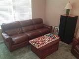 Leathercraft Leather Couch, Vintage and Antique Glass Christmas Ornaments, and Coffee Table Cabinet