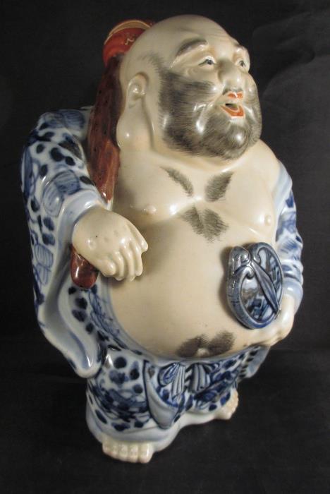 Hard to Find Japanese Kutani Hotei or Laughing Buddha Figure with Underglaze Blue Decoration