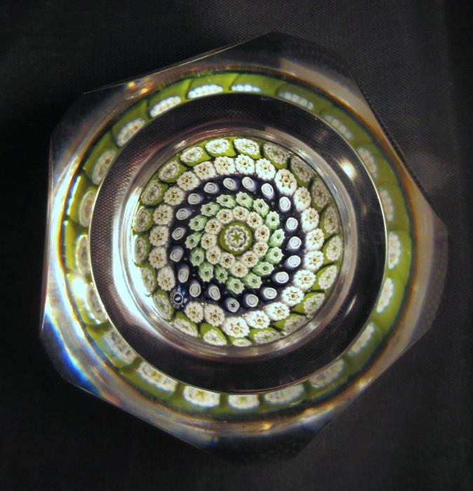 Beautiful Whitefriars' (England) Art Glass Paperweight with Concentric Closepack Millefiori - Signature Cane Dated 1975.