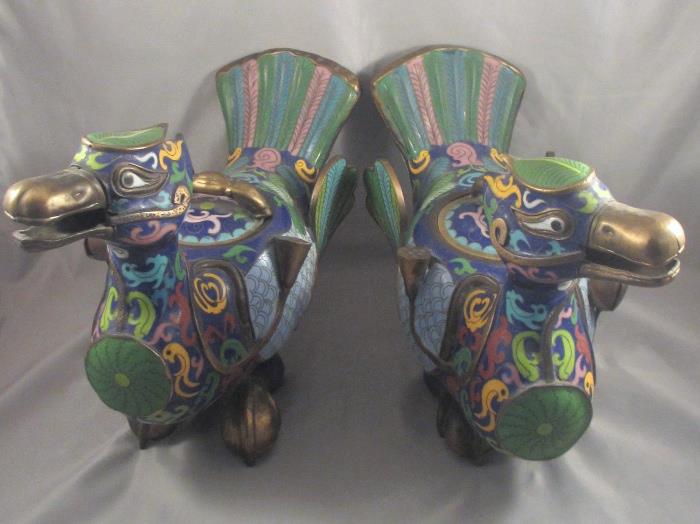 Awesome Pair of Antique Chinese Cloisonné Kneeling Duck Form Censers 