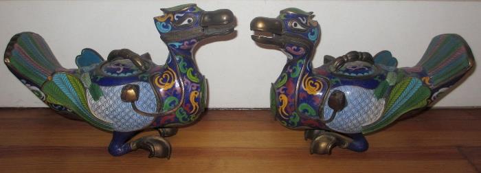 Mirrored Pair of Antique Enameled Ceremonial Censers