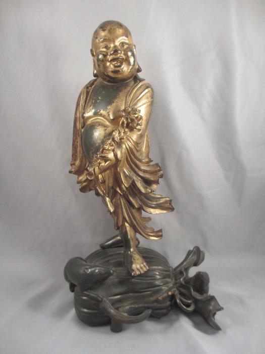 Stunning Antique Chinese Gilt Lacquer on Wood Buddha/Hotei Figure with Money Bag and Rats (Yes, they are a sign of Good Fortune and Wealth!)