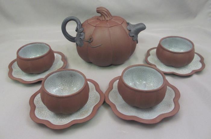 Fine Signed Chinese Gourd/Pumpkin Form Yixing Zisha Clay Teapot with Matching Cups and Saucers with Crackle Glazed Interiors