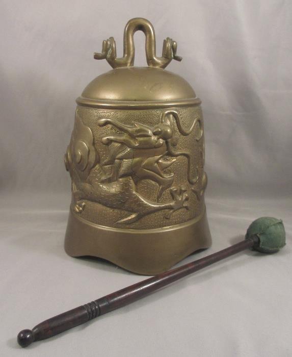 Genuine Chinese Bronze Temple Bell with Imperial Dragon Decoration and Original Mallet 
