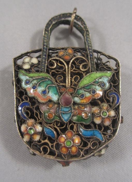 Highly Detailed Chinese Gold Vermeil Sterling Silver Filigree & Enamel Purse Pendant