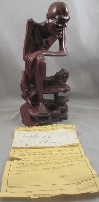 Fantastic LARGE Chinese Carved Wood Arhat or Lohan Figure with Ivory Inlay and Interesting Military Memo on Origins