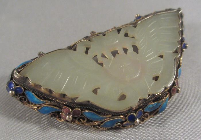 Fabulous Antique Chinese Carved Jade, Gold Vermeil Sterling Silver Filigree & Enamel Brooch